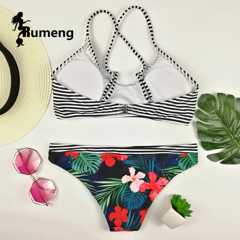 RUMENG New 2018 Low-waisted Printed Bikini Set Striped Swimsuit |