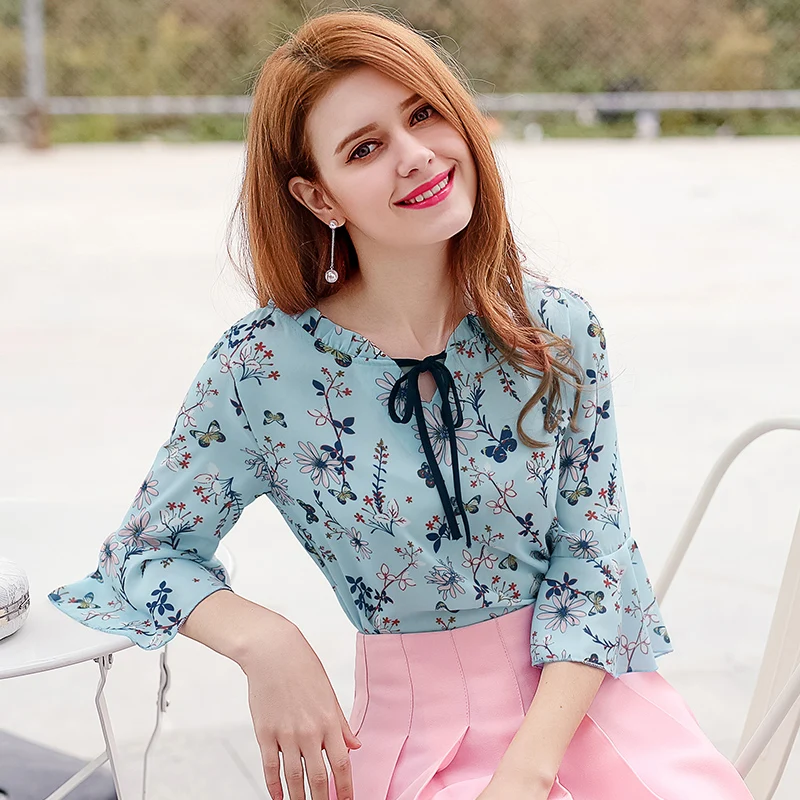 Женские топы и блузки 2018 Лето шифон женская рубашка с коротким рукавом цветочным