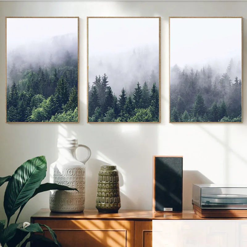 Минималистичные скандинавские туманные картины на холсте с зеленым лесом