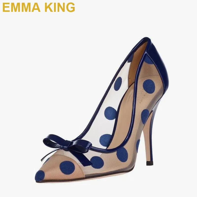 

New Elegant Blue Polka Dot Lace Pumps Bowknot Pointed Toe Mesh Stiletto Heels Summer Women Shoes Sexy High Heels Plus Size 35-43