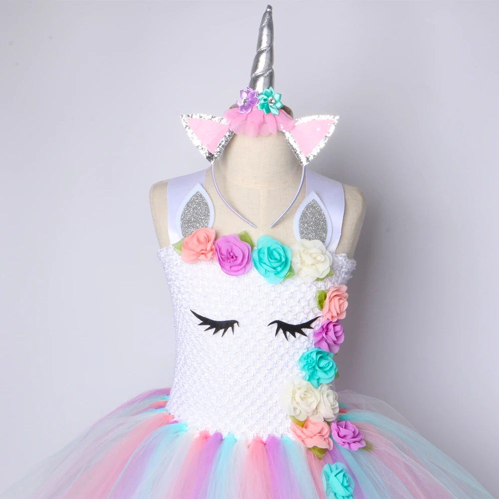 Kids Girls Unicorn Tutu Dress Knee-Length Pastel Rainbow Flower Girl Birthday Party Up Fancy Halloween Costume | Детская одежда и