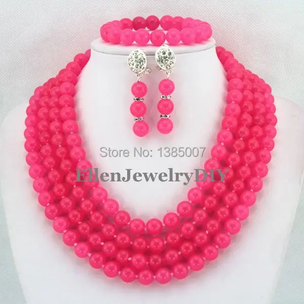 10 мм горячее розовое ожерелье браслет серьги наборы африканские нигерийские Свадебные бусы Ювелирные наборы JL4156