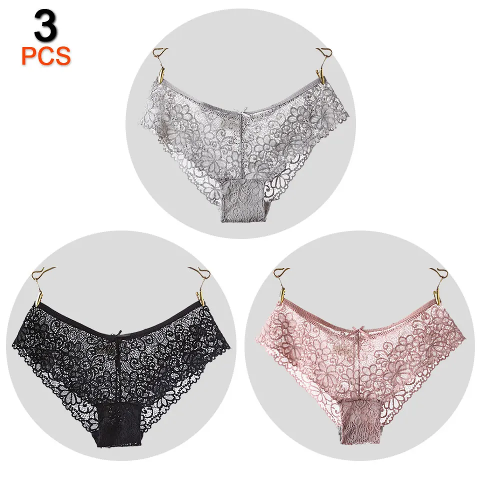 Black Gray DSpink 3 шт./лот, сексуальные кружевные женские трусики хлопковые нижнее белье, женские трусы, уютные женские трусики с низкой талией, женское дышащее белье - Цвет: Black Gray DSpink