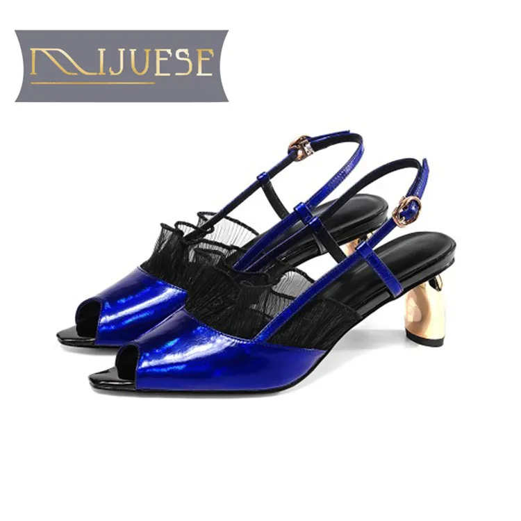 Женские босоножки из коровьей кожи MLJUESE синие пляжные на высоком каблуке с