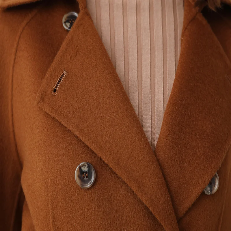 VOA Camel Wool Coat Women Long Overcoat Winter Warm Outerwear Cashmere Double Breast Coats Bow Belt Ladies Black Clothes SA7293 | Верхняя