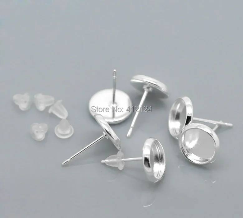 

250Pcs Silver Plated Round Cameo Cabochon Settings Earring Post Bijou Jewelry Finding Component 14x10mm(Fit 8mm Dia.)