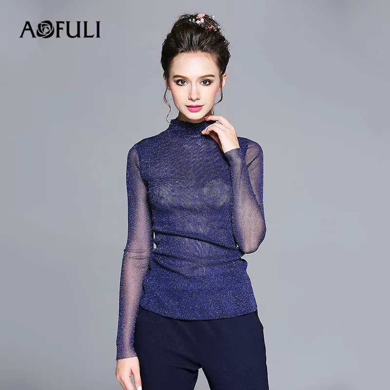 AOFULI L-3XL 4XL 5XL Плюс Размер Женская футболка Топы 2017 новая осенняя Водолазка с