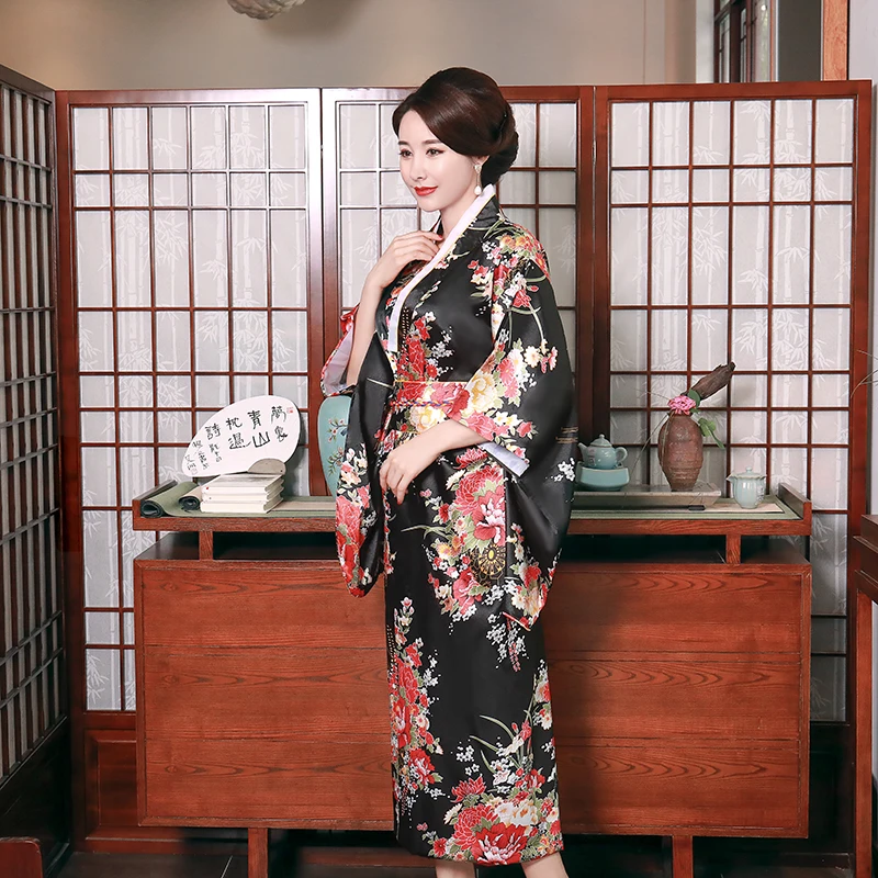 Loose Dress Japanese Style Print Yukata With Obi Black Stage Performance Clothing Sexy Women Satin Kimono Bathrobe Gown | Тематическая