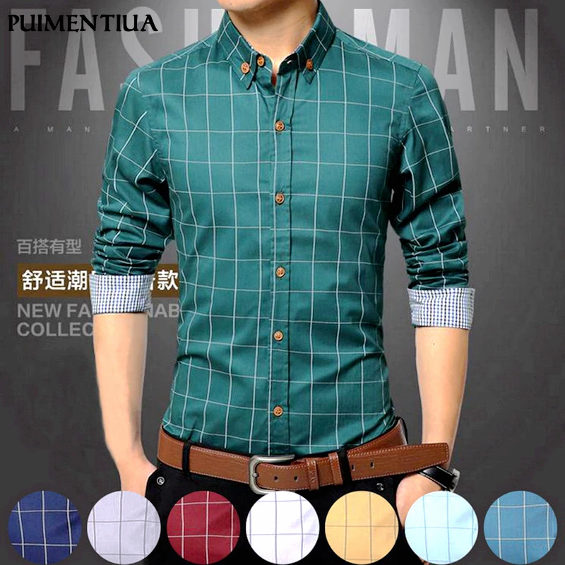 Pui men tiua 5XL Клетчатая Мужская рубашка с длинным рукавом, формальная Мужская рубашка с отложным воротником, мужская деловая одежда, модные Лоскутные Рубашки, Топы