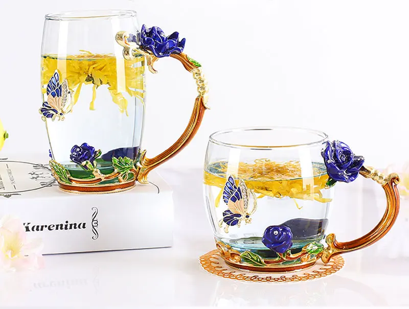Beauty And Novelty Enamel Coffee Cup Mug Flower Tea Glass Cups for Hot and Cold Drinks Tea Cup Spoon Set Perfect Wedding Gift