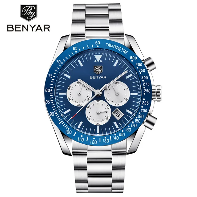 Silver band blue BENYAR Для мужчин аналоговые кварцевые модные часы класса люкс Водонепроницаемый спортивные часы Сталь мужские часы Relogio Masculino - Цвет: Silver band blue