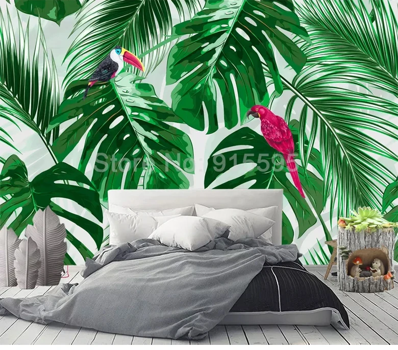 Custom Photo Mural Wallpaper Hand Painted Green Leaves Parrot Pastoral Style Living Room Bedroom Background Wall Decor Painting