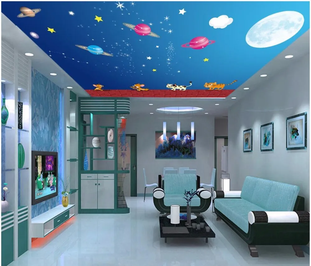 

Custom photo 3d ceiling murals wallpaper Cartoon roof cats and dogs sky planet painting 3d wall murals wallpaper for living room