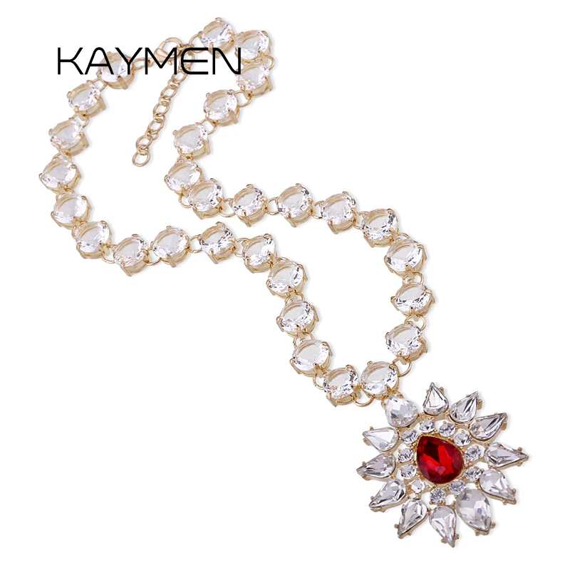 

KAYMEN Gold Plated Flower Pendant Necklace for Women Long Chains Rhinestones Crystals Chunky Statement Necklaces Jewelry