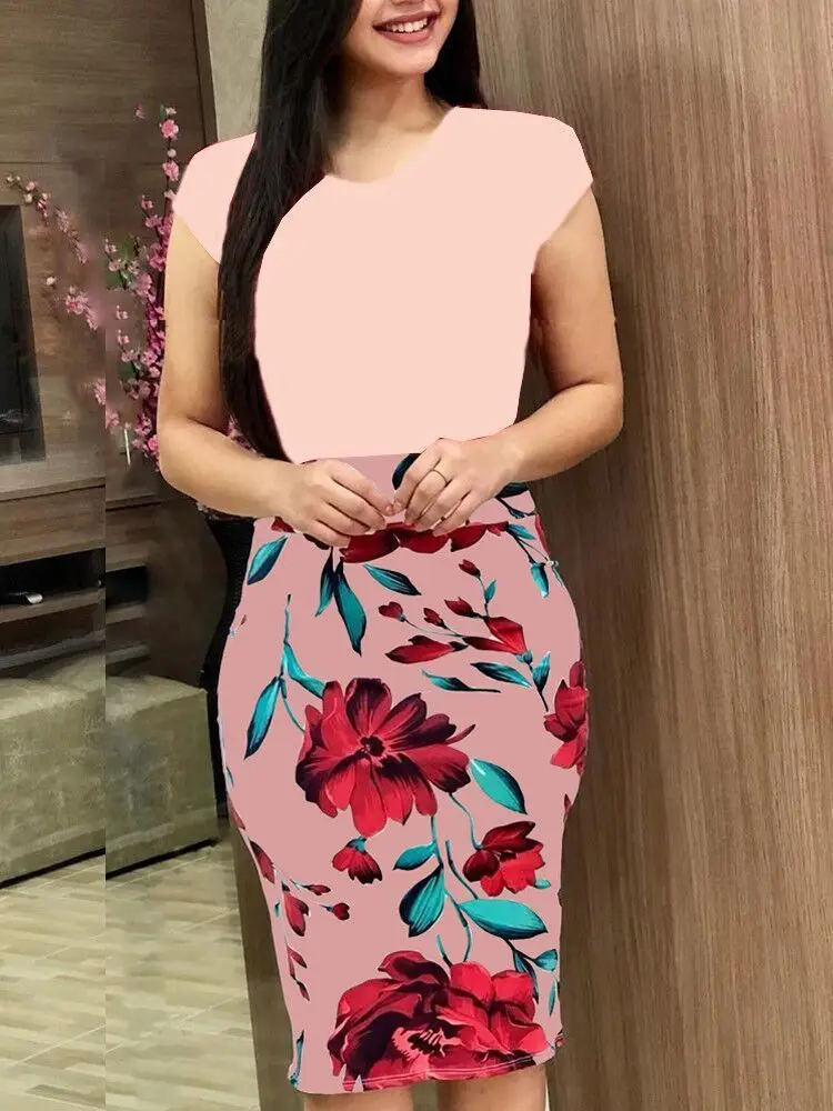 

New Summer Fashion Ladies Short Sleeve Vintage Bodycon Dress Floral Printed Women Evening Party Slim Dresses Clothes