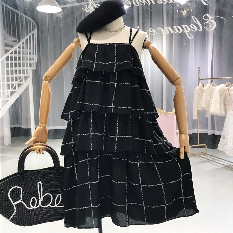 Женское многослойное платье ALPHALMODA на тонких бретельках с оборками и буквенным