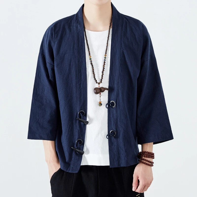 Мужское пальто в японском стиле Yukata кимоно с рукавом 3/4 и открытым стежком