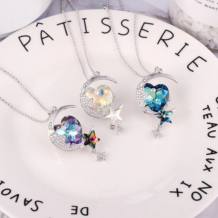 MALANDA Мода луна и звезды кулон ожерелье s для женщин сердце кристалл от Swarovski