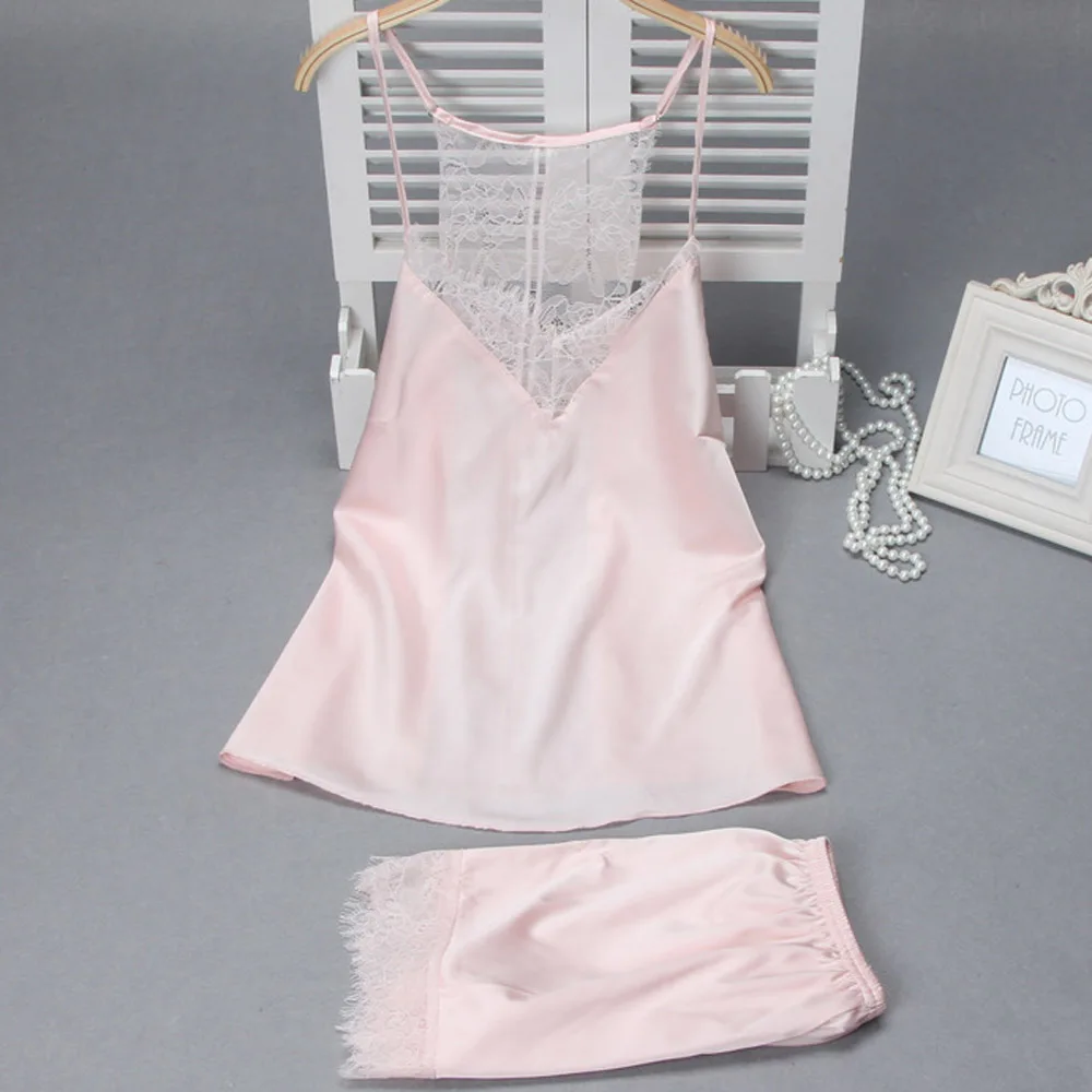 Женская Сексуальная кружевная атласная Шелковая пижама комплект Camis нижнее