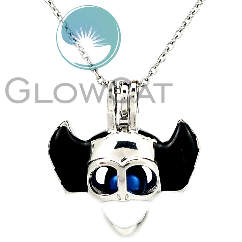 

Black Enamel Skull Beads Cage Locket Pendant Perfume Diffuser Pearl Cage Necklace KK1006