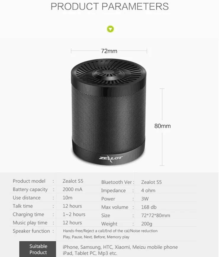 ZEALOT S5 Portable Bluetooth Speaker Column Wireless Subwoofer Super Bass Stereo USB TF Card Play With Microphone | Электроника