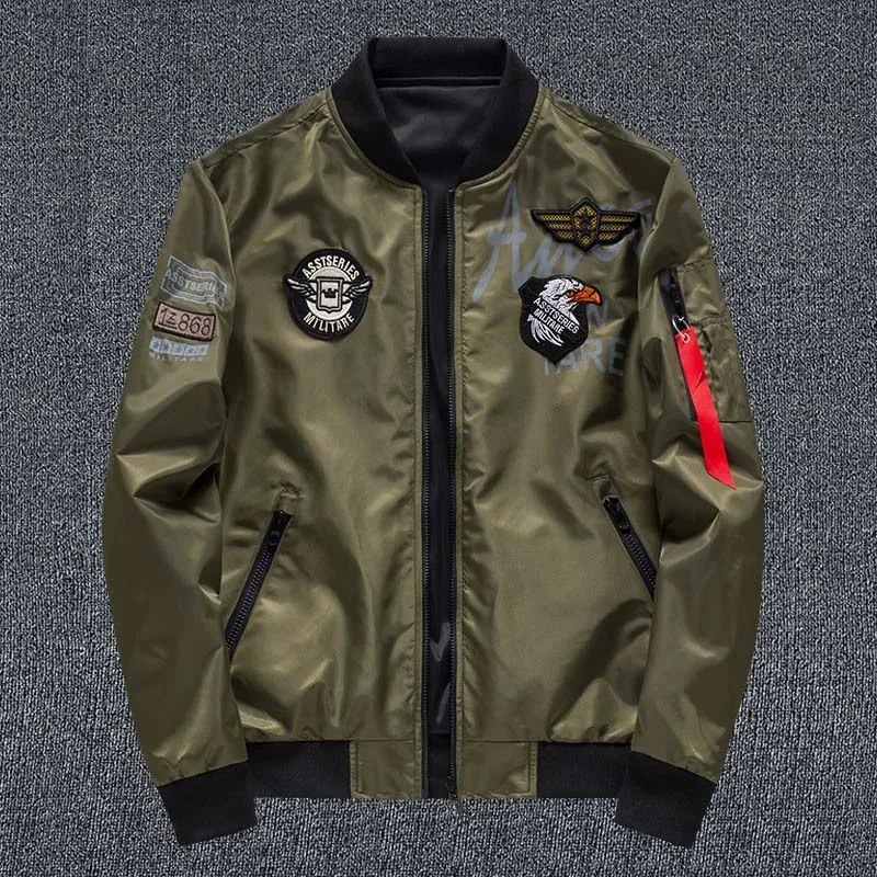 Dark Green 6XL мужская куртка-пилот с нашивками, зеленая Двусторонняя одежда, мужские куртки-пилот, тонкая мужская куртка-ветровка, мужская куртка, YA046 - Цвет: Dark Green