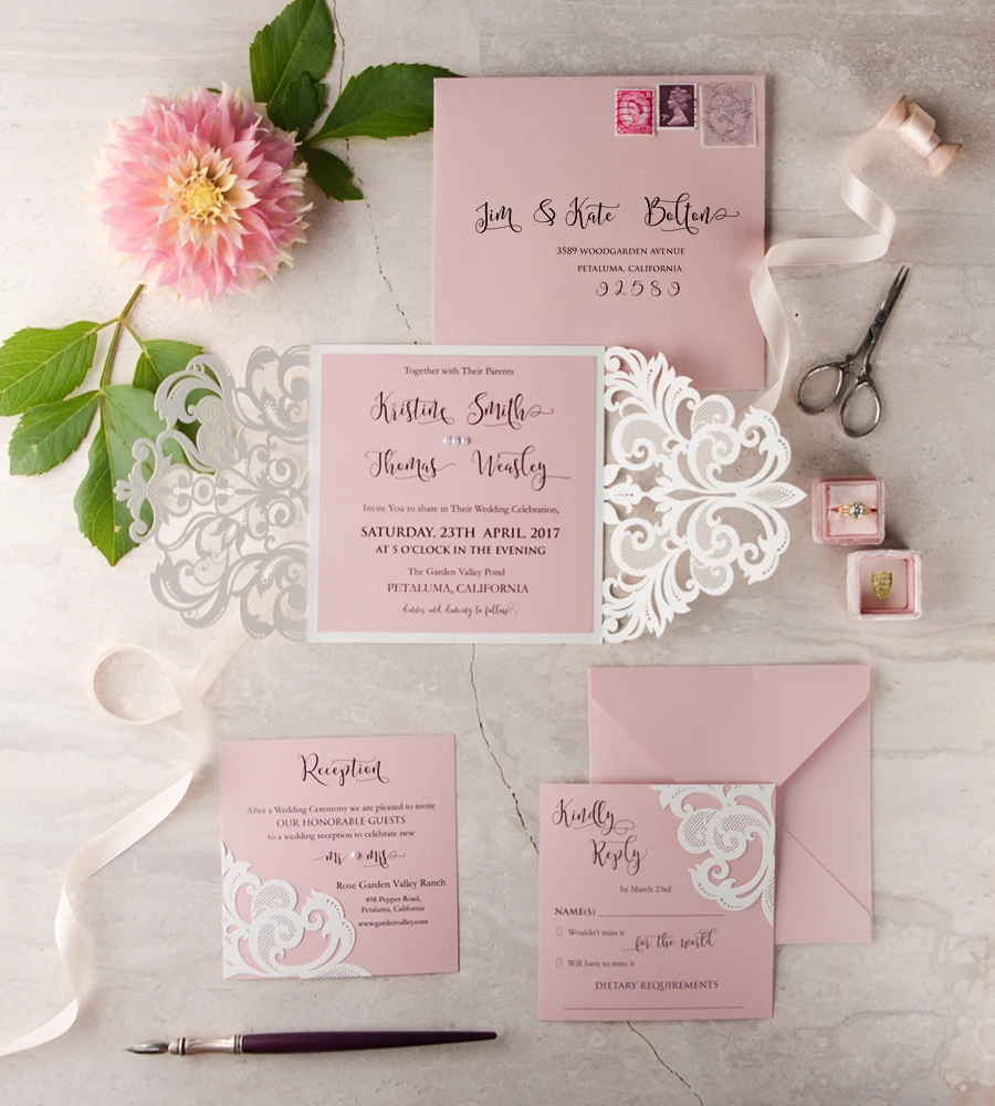 Розовая свадьба карты invitaiton кружева свадебные приглашения с лентой лук двойной