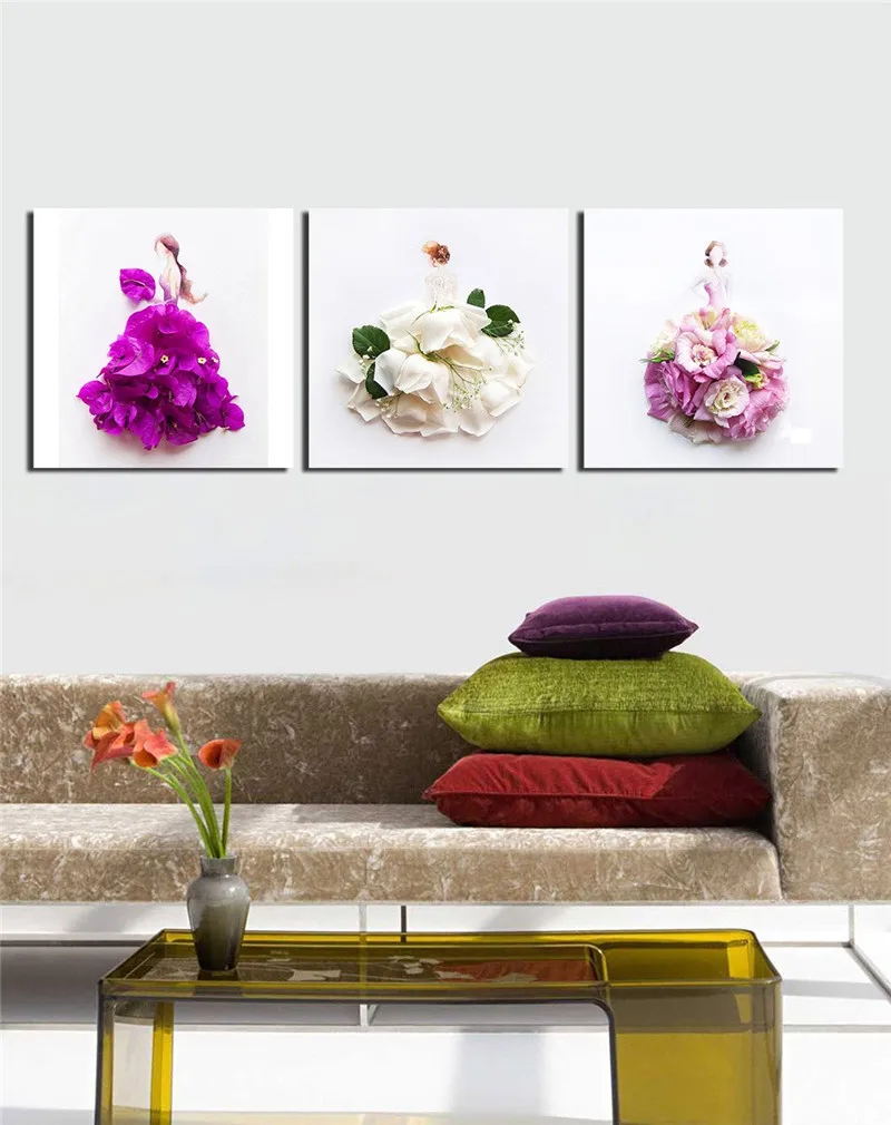 3 Панели без рамки холст фото печать Творческий лепесток женское и платье