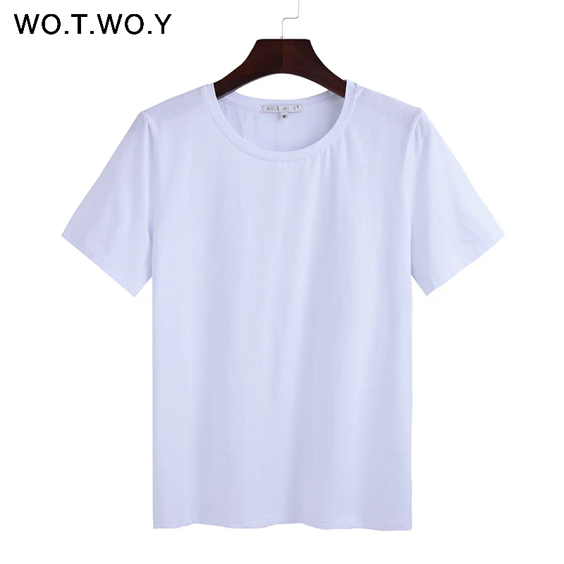 503white WOTWOY летняя хлопковая Футболка женская Свободная Стильная однотонная футболка женский топ с коротким рукавом с круглым вырезом Женская футболка 12 цветов - Цвет: 503white