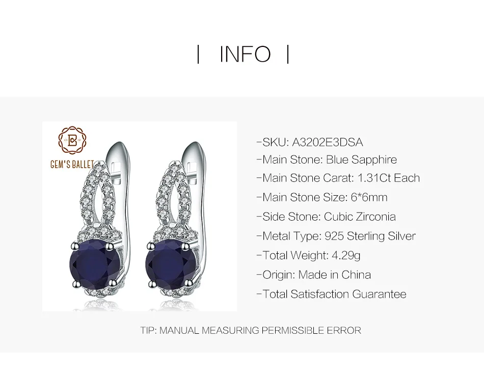 GEM'S BALLET 2.63Ct, натуральный синий сапфир, классические серьги, 925 пробы, серебро, драгоценный камень, серьги-гвоздики для женщин, хорошее ювелирное изделие