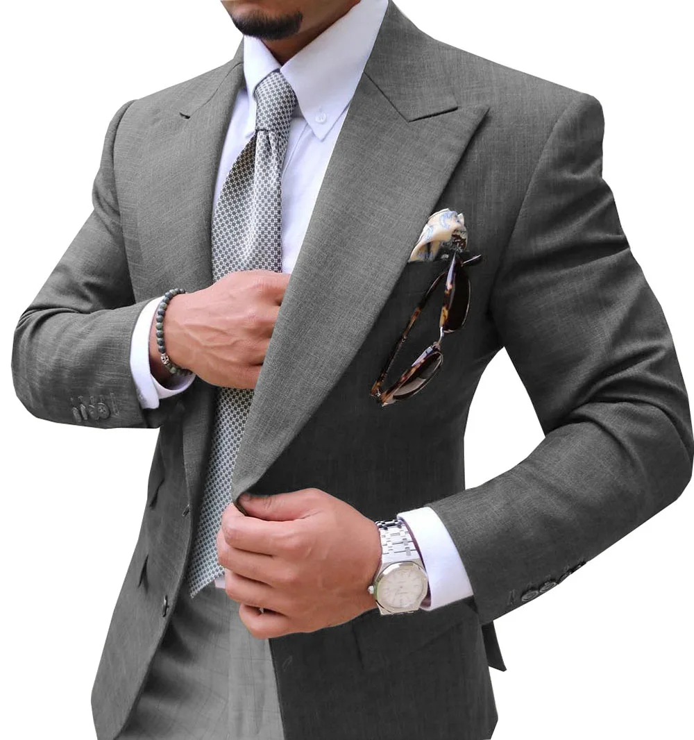 Grey Мужские костюмы Slim Fit из двух частей шампанского деловой пиджак жениха смокинг Блейзер зеленые костюмы для свадьбы выпускного вечера(Блейзер+ брюки - Цвет: Grey