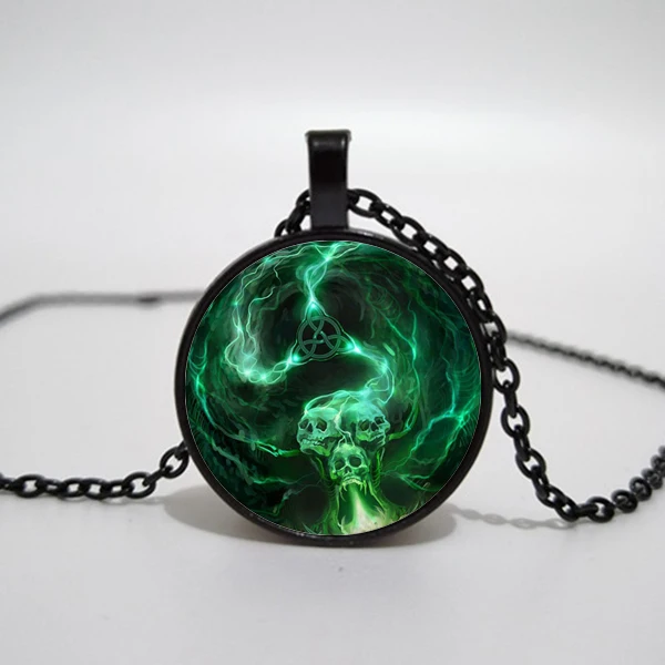 Зомби логотип ожерелье со стеклянной подвеской Дьявол череп серебряные ретро