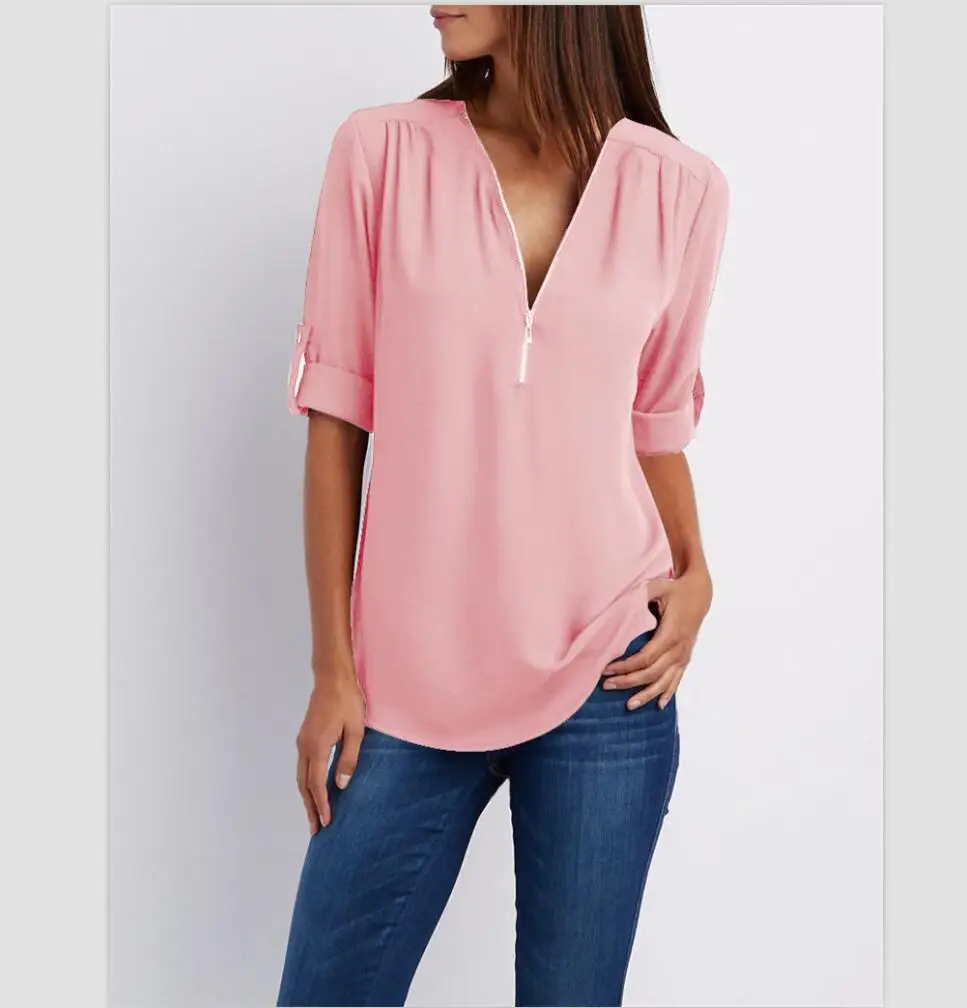 2018 New Shirts Spring Summer Fashion Women Tops Casual Street Half Sleeve V-Neck Blouse Loose Plus Size Zipper Chiffon |