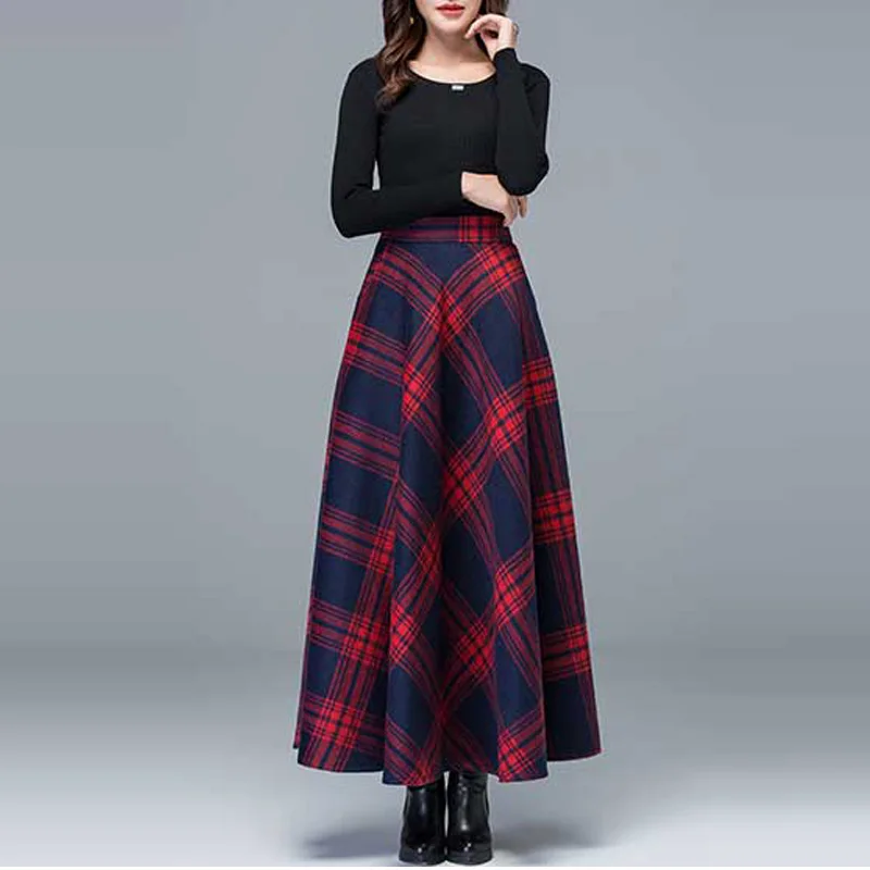 Зимние теплые большие размеры 6XL 5XL XXXXXXL красные шерстяные винтажные модные повседневные женские клетчатые длинные юбки макси с высокой талией для женщин