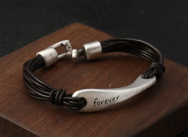 Женские браслеты с буквами Forever Love и кожаной веревкой, браслет, Настоящее серебро s990. ювелирные изделия для мужчин, браслет B3