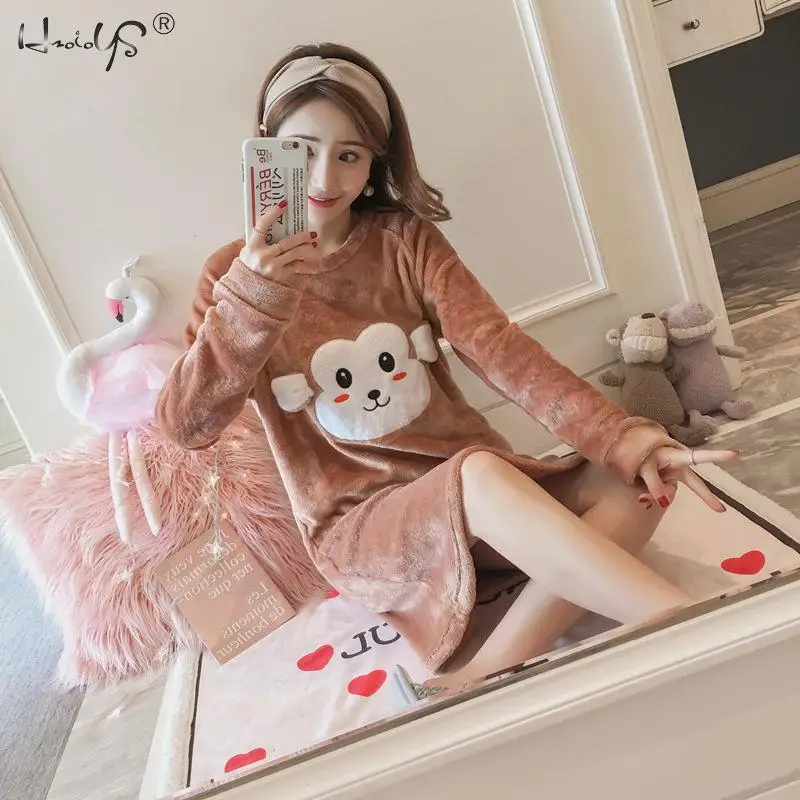 Nightgowns Bathrobe Thick Warm Flannel Nightdress for Women Winter Sleepshirts Coral Velvet Animal Sleepwear Femme Nighty