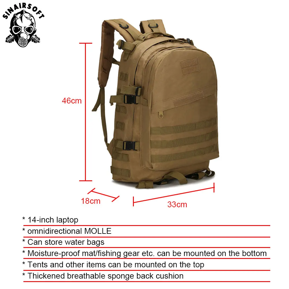 SINAIRSOFT 3D Molle тактический рюкзак для альпинизма Военная походная сумка для путешествий 40L LY0006