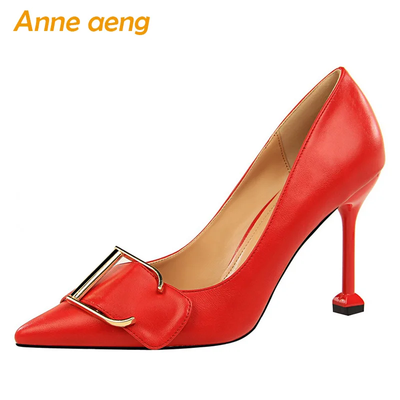 

2019 New Spring/Autumn Women Pumps High Thin Heel Pointed Toe Metal Decoration Fashion Sexy Ladies Women Shoes Red High Heels