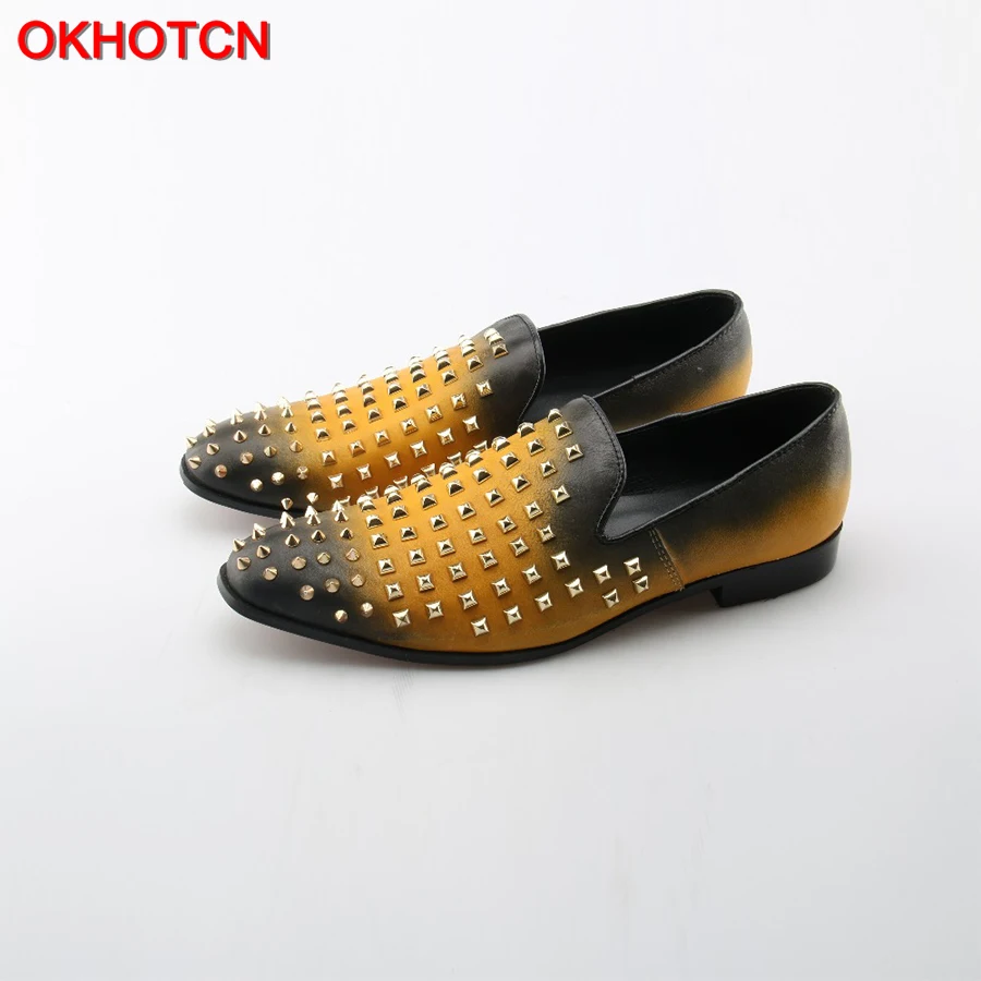 

OKHOTCN 2018 New Men Cow Leather Casual Shoes Fashion Mixed Colors casual shoes Gold Rivets Studded Men's Driving Flats Shoes