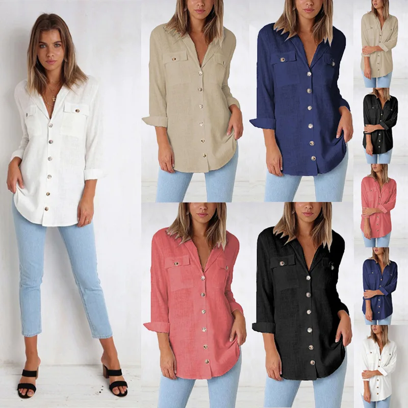 2019 New Women White Shirt Long Sleeve Black Long Shirt Pocket Women Clothing Streetwear Loose Blouse Elegant Women Tops Pink