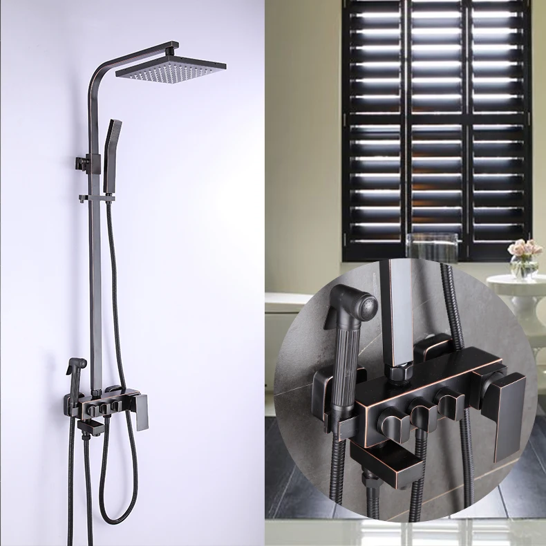 

Shower Faucet Brass Black Bathtub Faucet Square Tube Top Rain Shower With Slide Bar Wall Bath and Shower Faucet Mixer Set