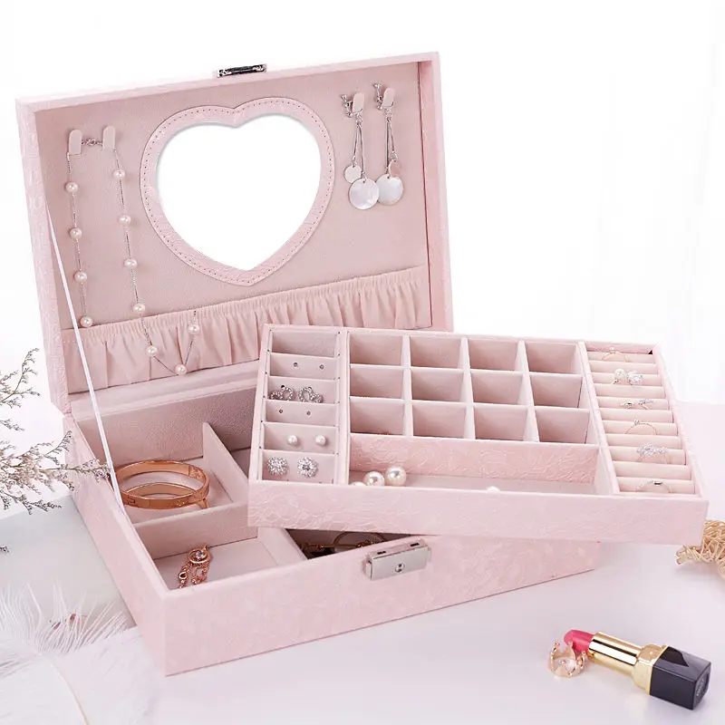 Pink Двухслойная шкатулка Дамские туфли из pu искусственной кожи контейнер для хранения ювелирных изделий Органайзер, хранение бижутерии чехол с часами Портативный шкатулки - Цвет: Pink