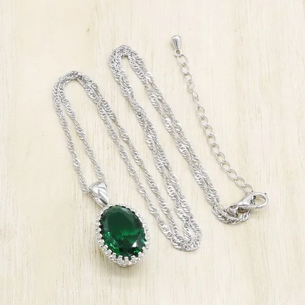 Green with chain Blue White Opal Green Pink Zirocnia 925 Silver Necklace Pendant For Women 4 colors Gift Jewelry - Окраска металла: Green with chain