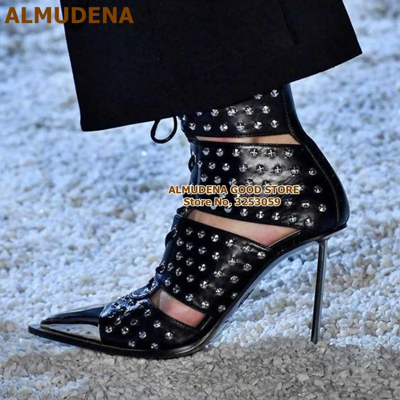 

ALMUDENA Punk Style Steel Tip Toe Rivets Ankle Boots Pointed Toe Thin Metal Heel Booties Metal Decorated Studded Pumps Dropship