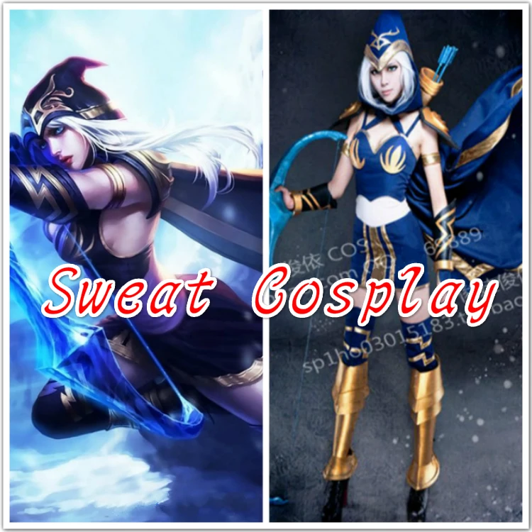 Горячая игра LOL Эш Косплей Костюм синее платье косплей Хэллоуин костюм на