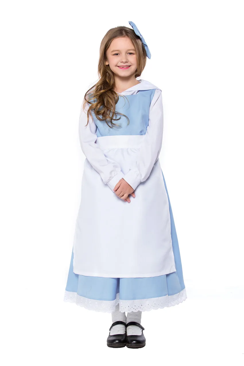 

Elegant Beauty And The Beast Belle Costume Kid Light blue Maid Dress Party Halloween Cosplay Costumes Full Set