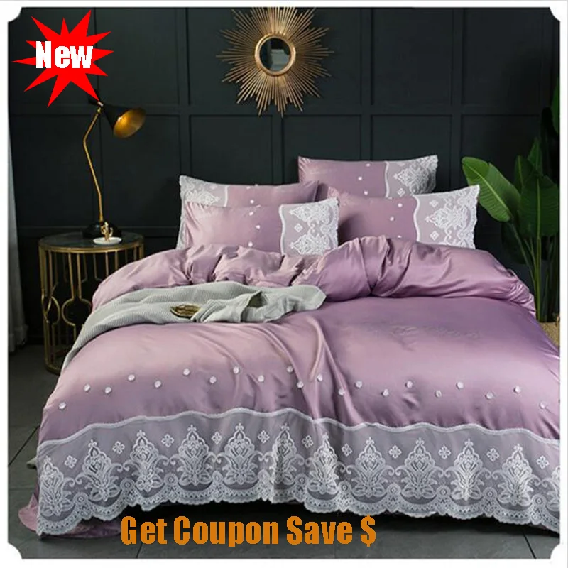 

double-sided washed silk 4pcs bedskirt pillowcace duvet cover sets Euro style lace edge quilt cover mattress cover bedding sets