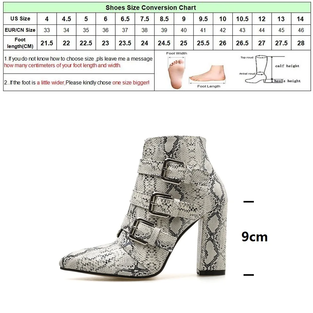 

DRFARGO Spring Shoes Women Leopard Snake Skin Pattern 9cm Square High Heel Pointed Toe Buckle Zipper Boots size 40 Mujer Zapatos