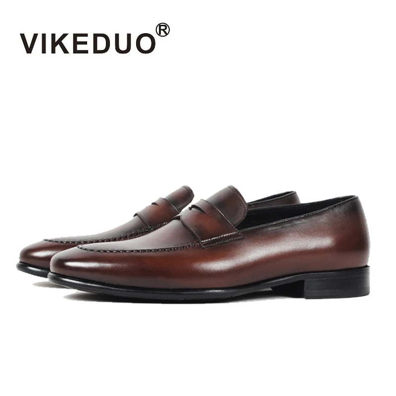 

Vikeduo 2019 Handmade Vintage Italy Original Wedding Shoes Men Genuine Cow Leather Flat Men's Penny Loafer Shoes Patina Footwear