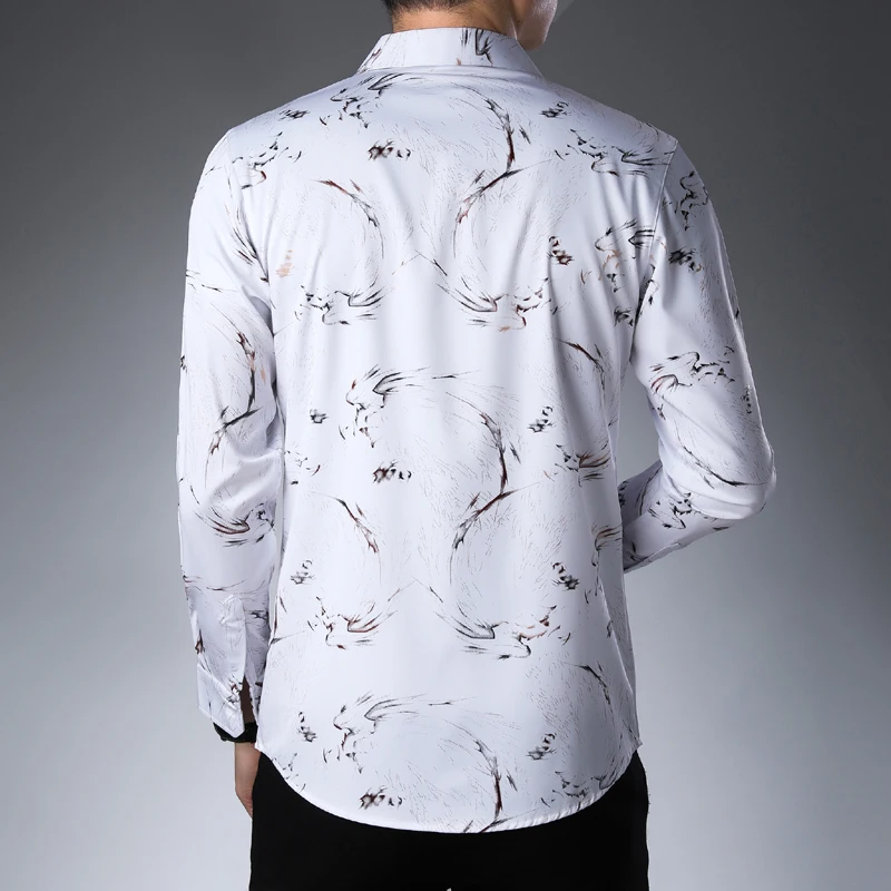 MIACAWOR Casual Shirt Men Autumn Fashion Print Dress Long Sleeve Shirts Slim Fit Camisa Masculina Clothes C526 | Мужская одежда